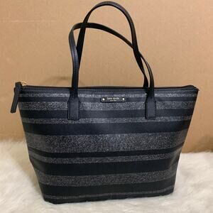 KATE SPADE Haven Lane Black & Silver Glitter Stripe Zip Top HANI Small Tote NWOT